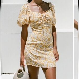 Sabo Floral Yellow Milkmaid Puff Sleeves Mini Dress size XS